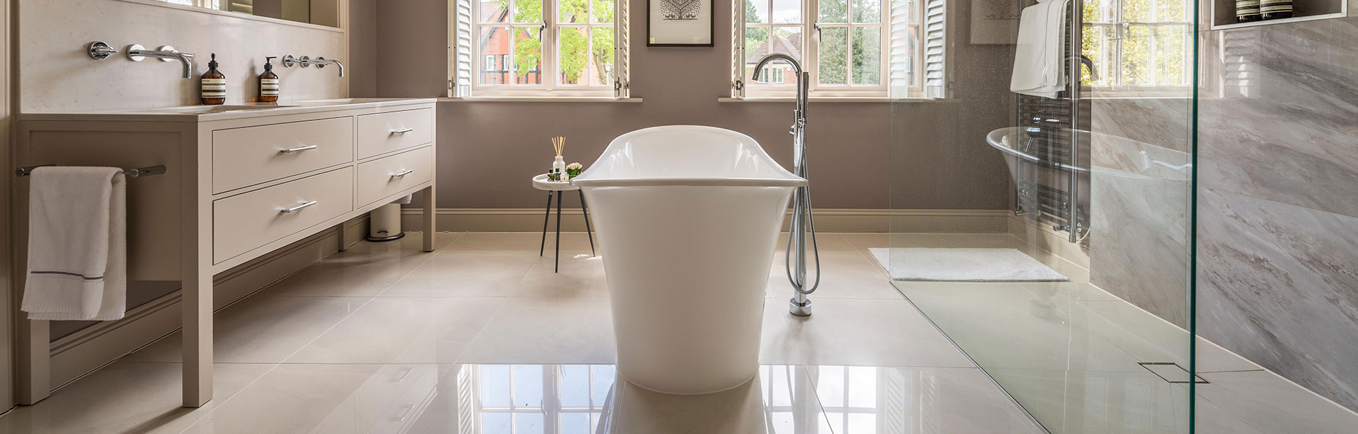 Luxurious bathroom with freestanding tub.