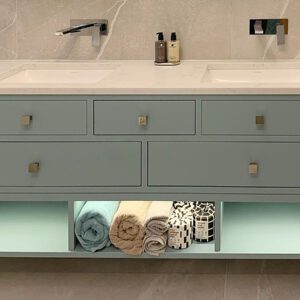 Modern bathroom vanity with double sink.