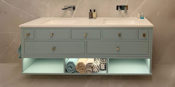 Modern bathroom vanity with double sink.